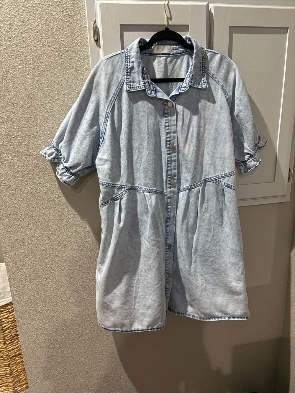 Light Blue Denim Mini Shirt Dress with Puff Sleeves